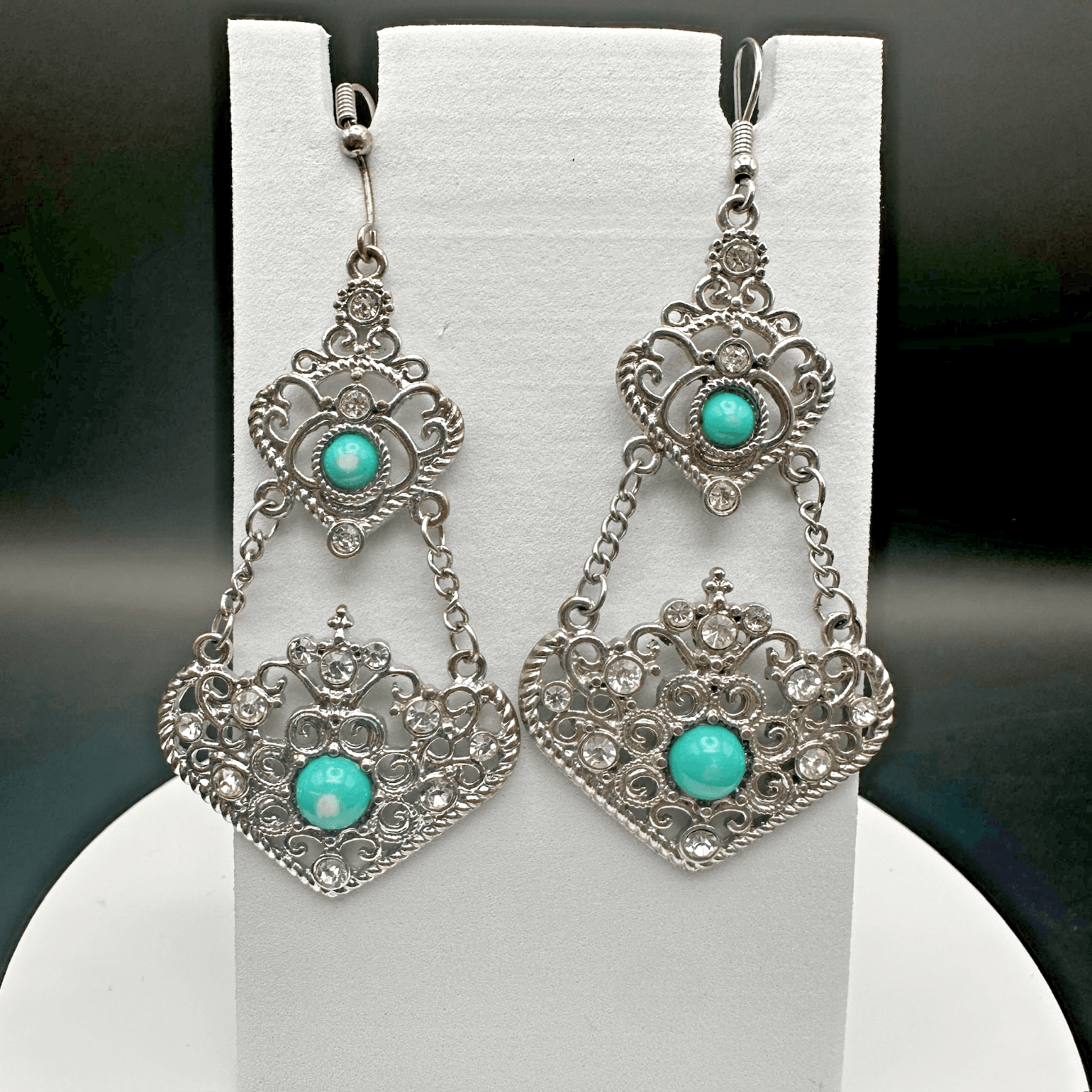 Vintage 90s 80s Dangle Earrings Turquoise Stone Clear Rhinestone Filigree Gothic - Image 1