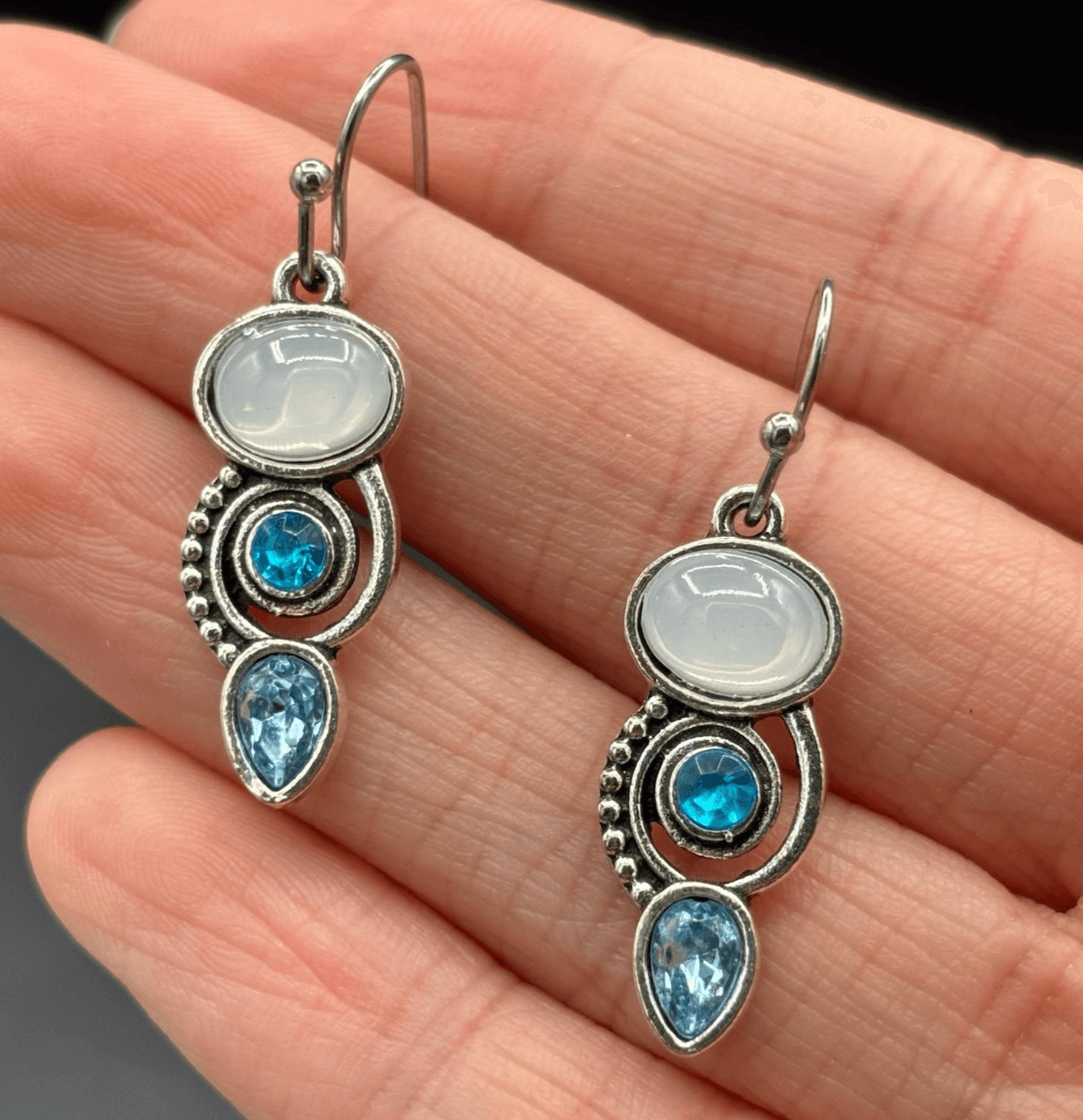 Vintage Silver Tone Glass Trio Drop Earrings Blue & Opal Style Stones Y2K Boho - Image 1