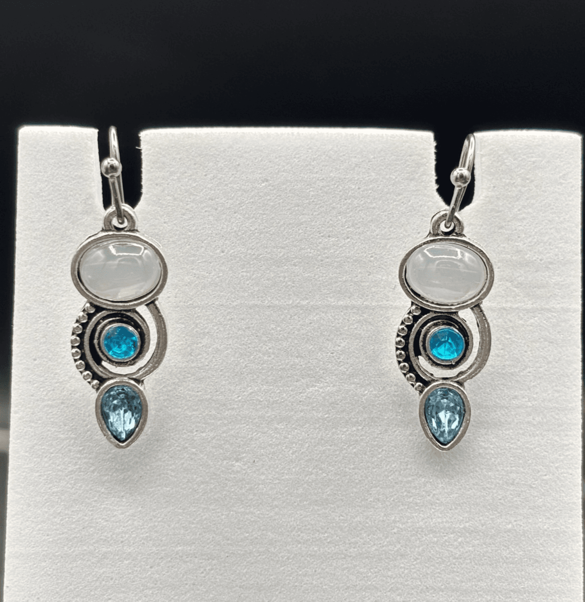 Vintage Silver Tone Glass Trio Drop Earrings Blue & Opal Style Stones Y2K Boho - Thumbnail 2