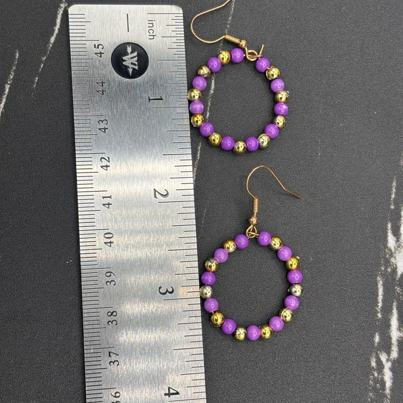 Vintage 80s 90s Y2K Purple & Gold Beaded Hoop Earrings Retro Fun Statement Style - Thumbnail 6