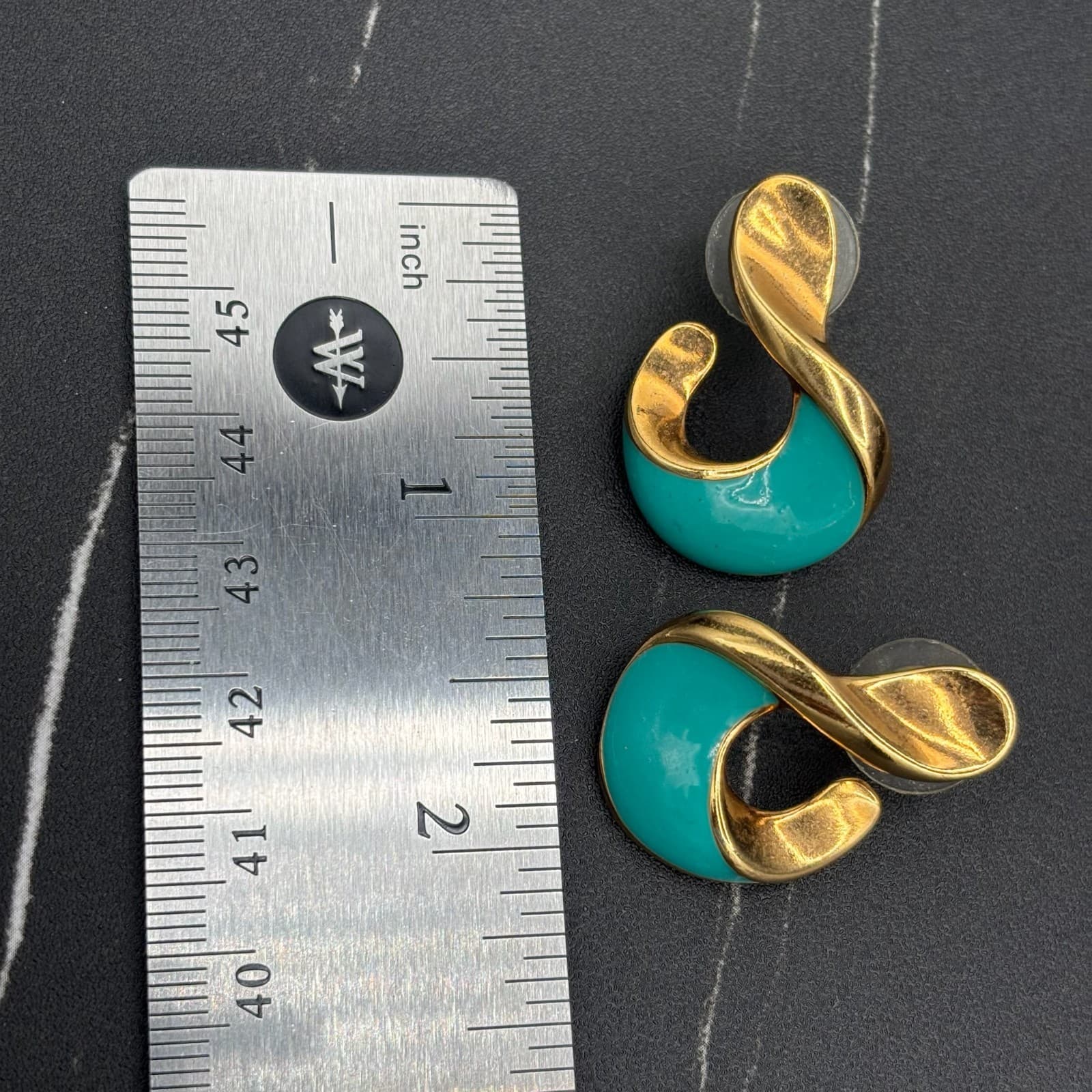 Vintage Gold Tone Teal Enamel Swirl Earrings Bold Statement Y2K - Thumbnail 7