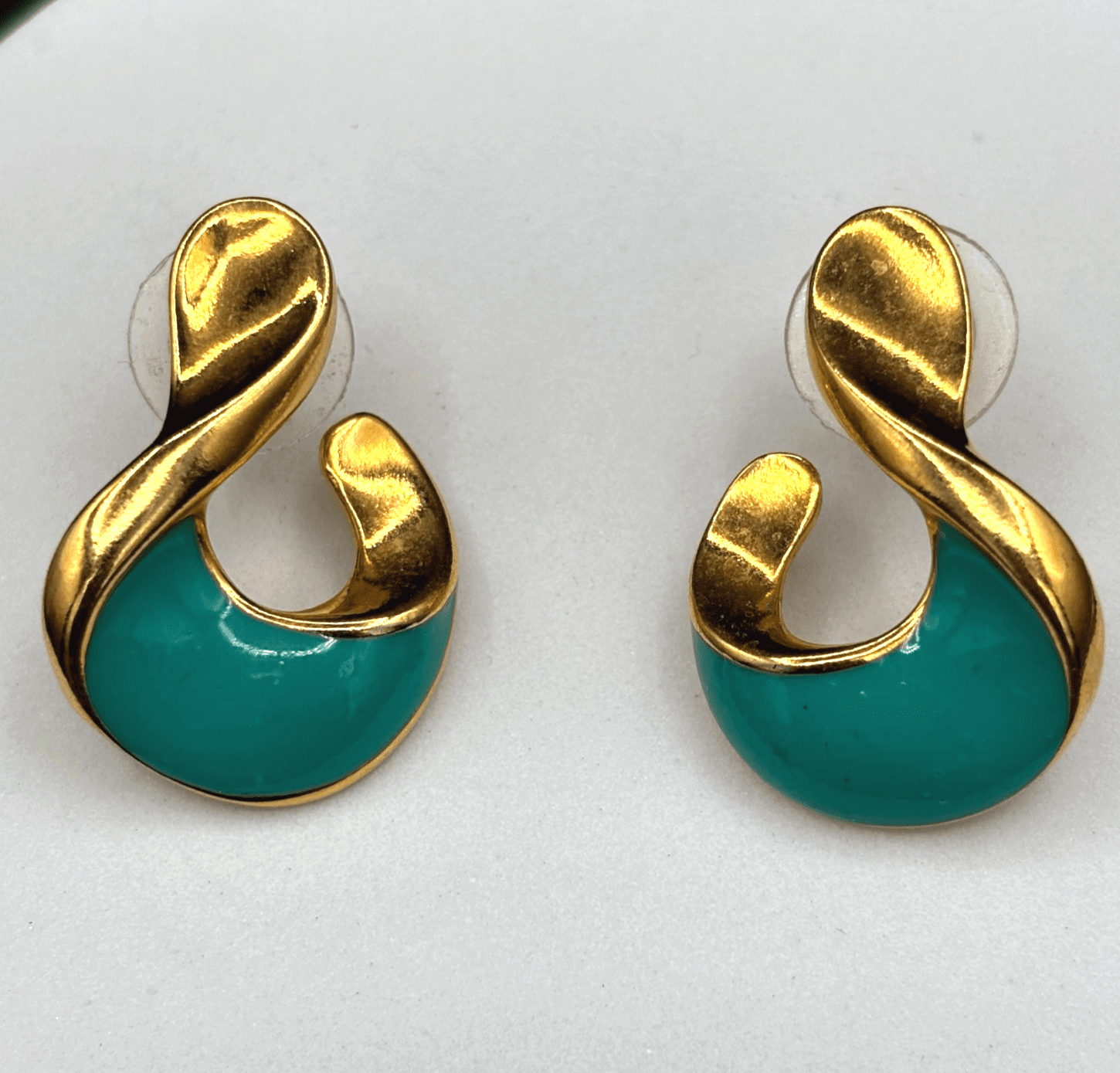 Vintage Gold Tone Teal Enamel Swirl Earrings Bold Statement Y2K - Image 1