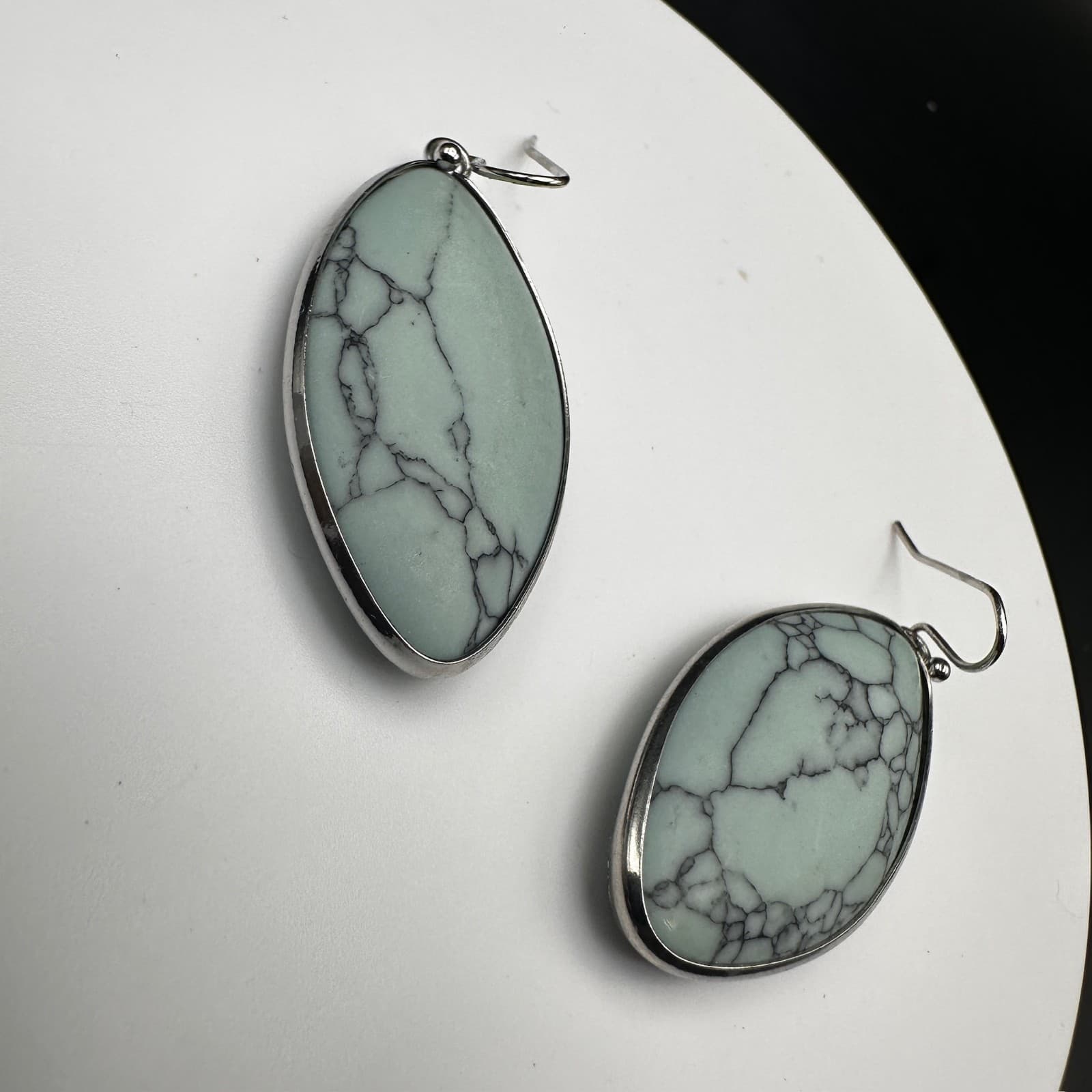 Vintage Light Green Marquise Stone Dangle Earrings Silver Tone Boho Jewelry - Thumbnail 8