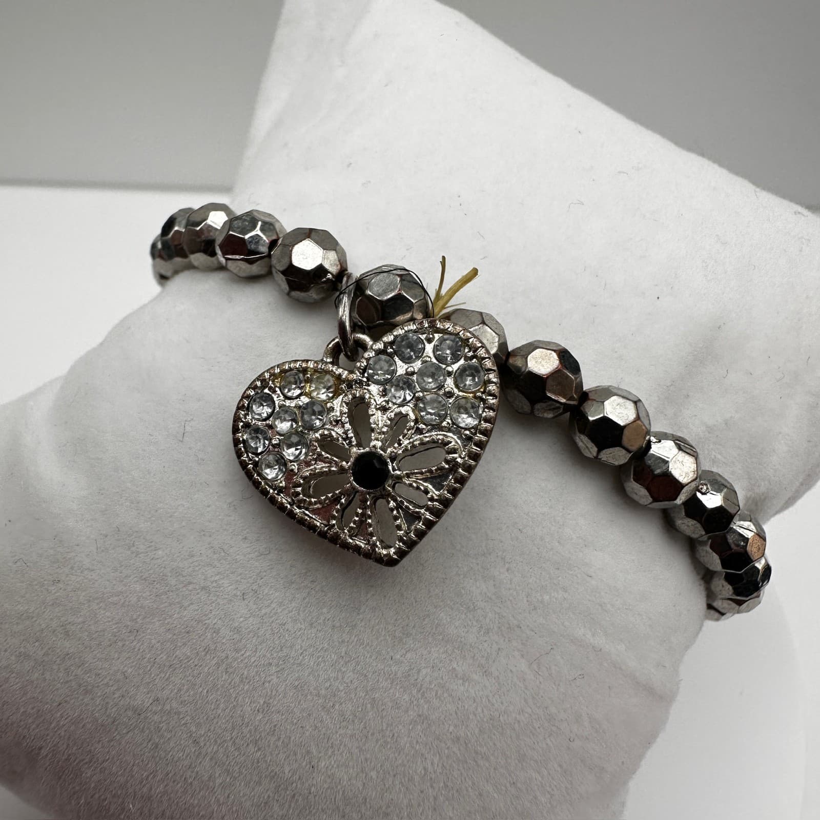 Vintage 90s Silver Tone Beaded Heart Charm Bracelet Fashion Jewelry Rhinestones - Thumbnail 6