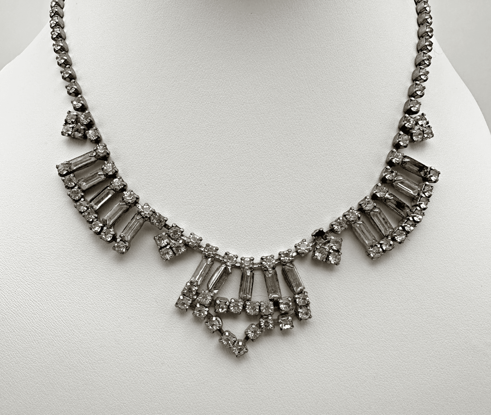 Vintage 90s Silver Tone Clear Rhinestone Baguette Fringe Statement Jewelry - Image 1