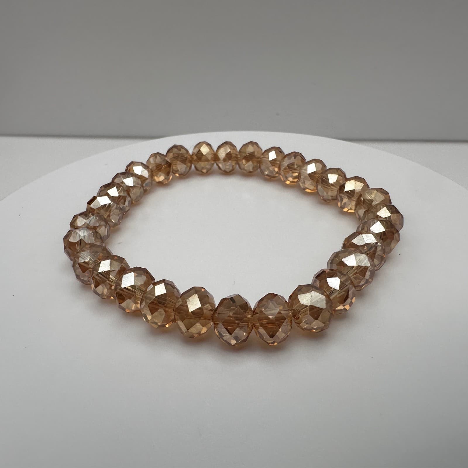 Vintage 90s Gold Tone Champagne Beaded Stretch Bracelet Faceted Classic Jewelry - Thumbnail 3