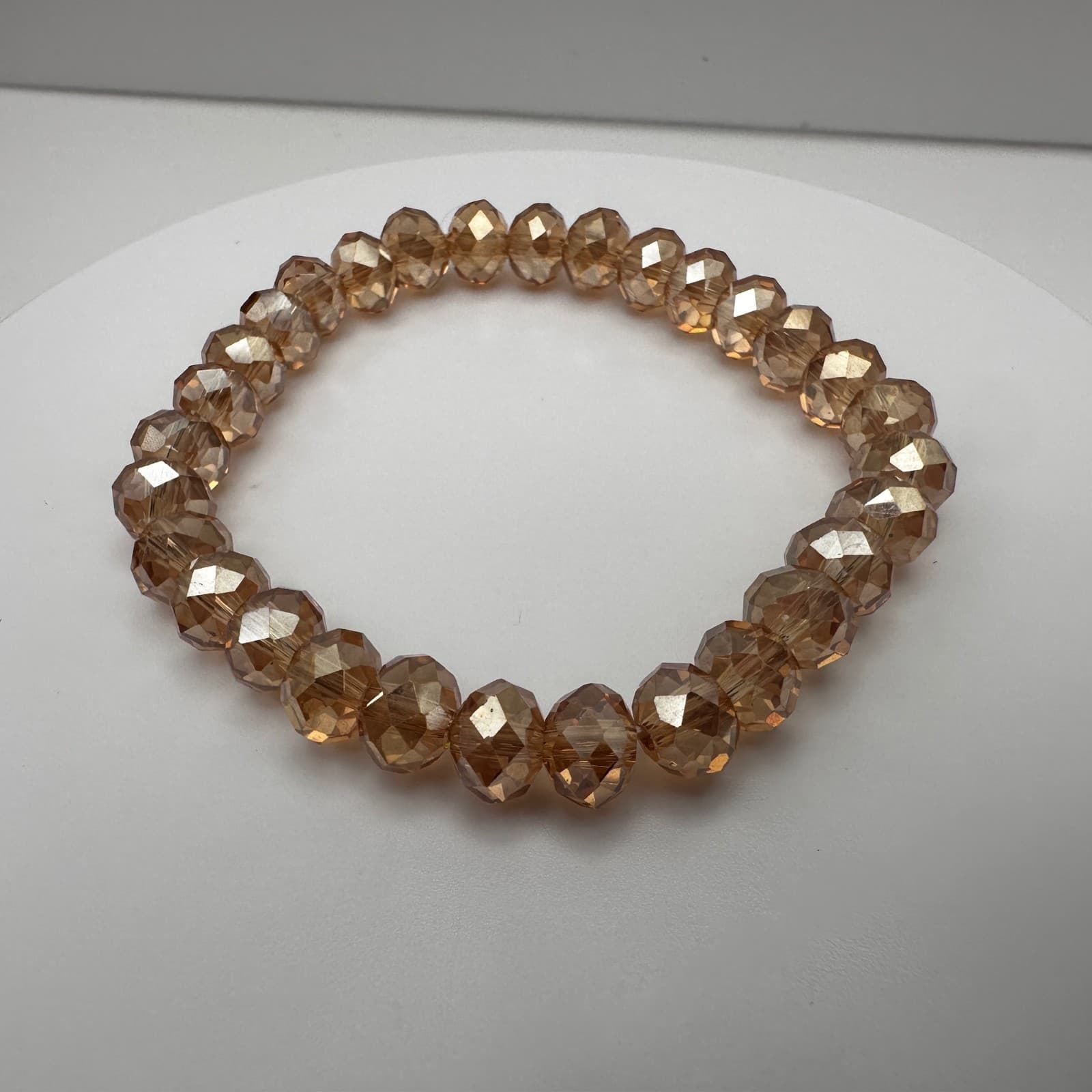Vintage 90s Gold Tone Champagne Beaded Stretch Bracelet Faceted Classic Jewelry - Thumbnail 4
