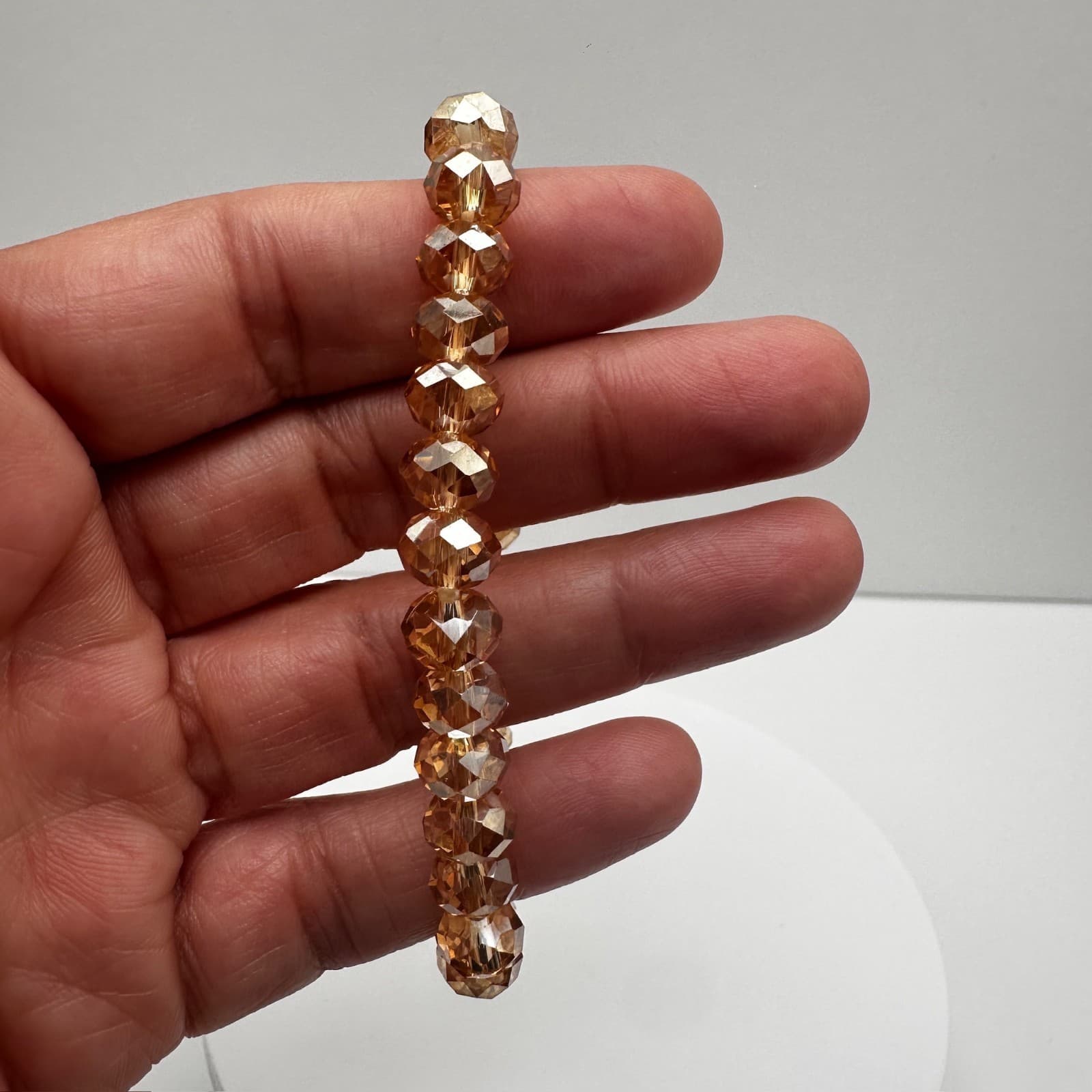 Vintage 90s Gold Tone Champagne Beaded Stretch Bracelet Faceted Classic Jewelry - Thumbnail 5