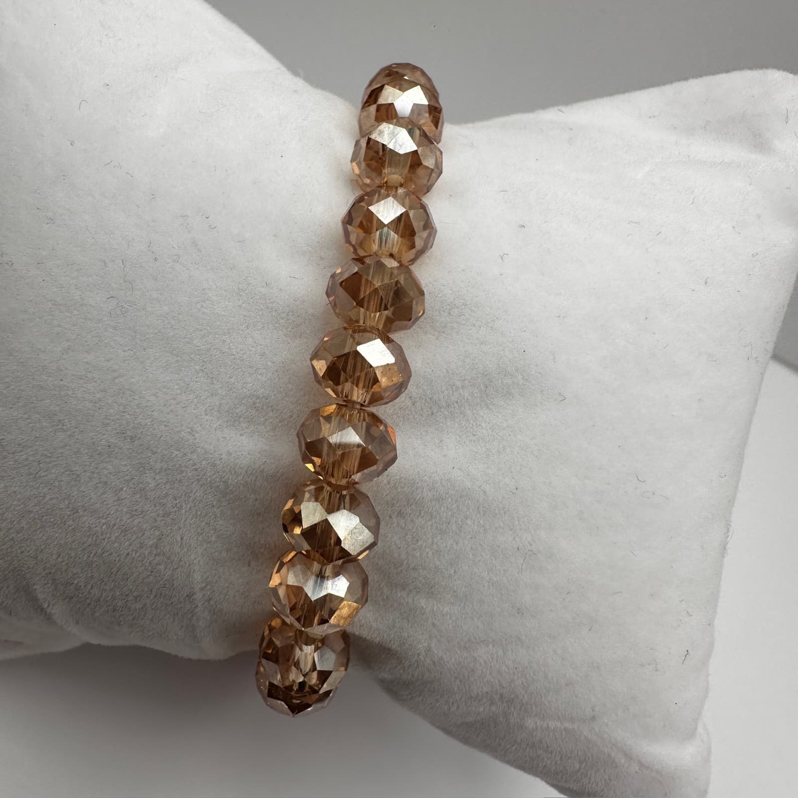 Vintage 90s Gold Tone Champagne Beaded Stretch Bracelet Faceted Classic Jewelry - Thumbnail 8