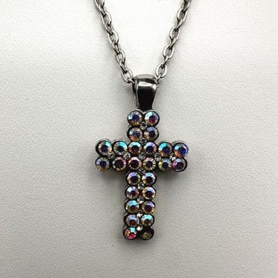 VTG 70s Crystal Cross Pendant Necklace Silver Tone Chain Rhinestone Religious - Image 1
