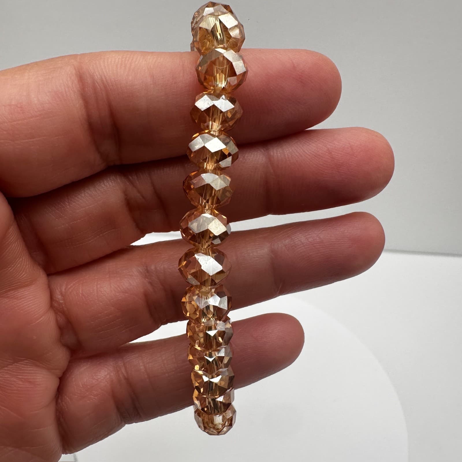 Vintage 90s Gold Tone Champagne Beaded Stretch Bracelet Faceted Classic Jewelry - Thumbnail 6