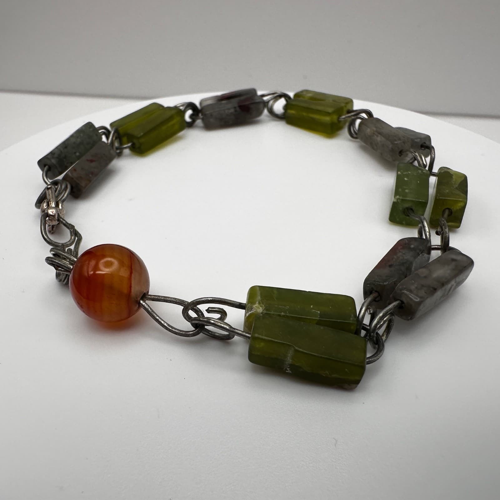 Vintage Mixed Stone Bracelet Serpentine Jade Jasper Carnelian Wire Link Boho Y2K - Thumbnail 5