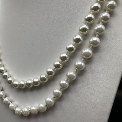 Vintage 90s Pearl Necklace Bracelet Set Bow Crystal Accent Ivory Beads Jewelry - Thumbnail 5