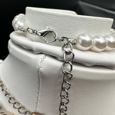 Vintage 90s Pearl Necklace Bracelet Set Bow Crystal Accent Ivory Beads Jewelry - Thumbnail 12