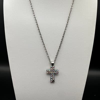 VTG 70s Crystal Cross Pendant Necklace Silver Tone Chain Rhinestone Religious - Thumbnail 3