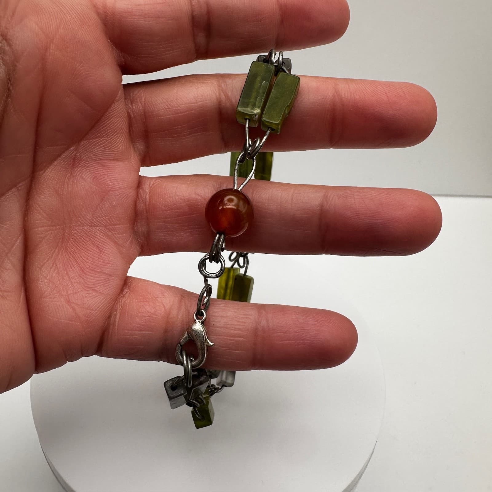 Vintage Mixed Stone Bracelet Serpentine Jade Jasper Carnelian Wire Link Boho Y2K - Thumbnail 6