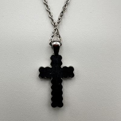 VTG 70s Crystal Cross Pendant Necklace Silver Tone Chain Rhinestone Religious - Thumbnail 4