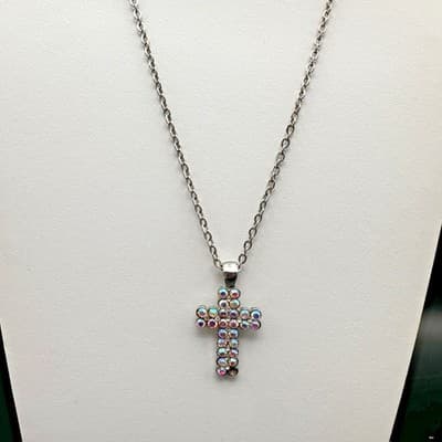 VTG 70s Crystal Cross Pendant Necklace Silver Tone Chain Rhinestone Religious - Thumbnail 2