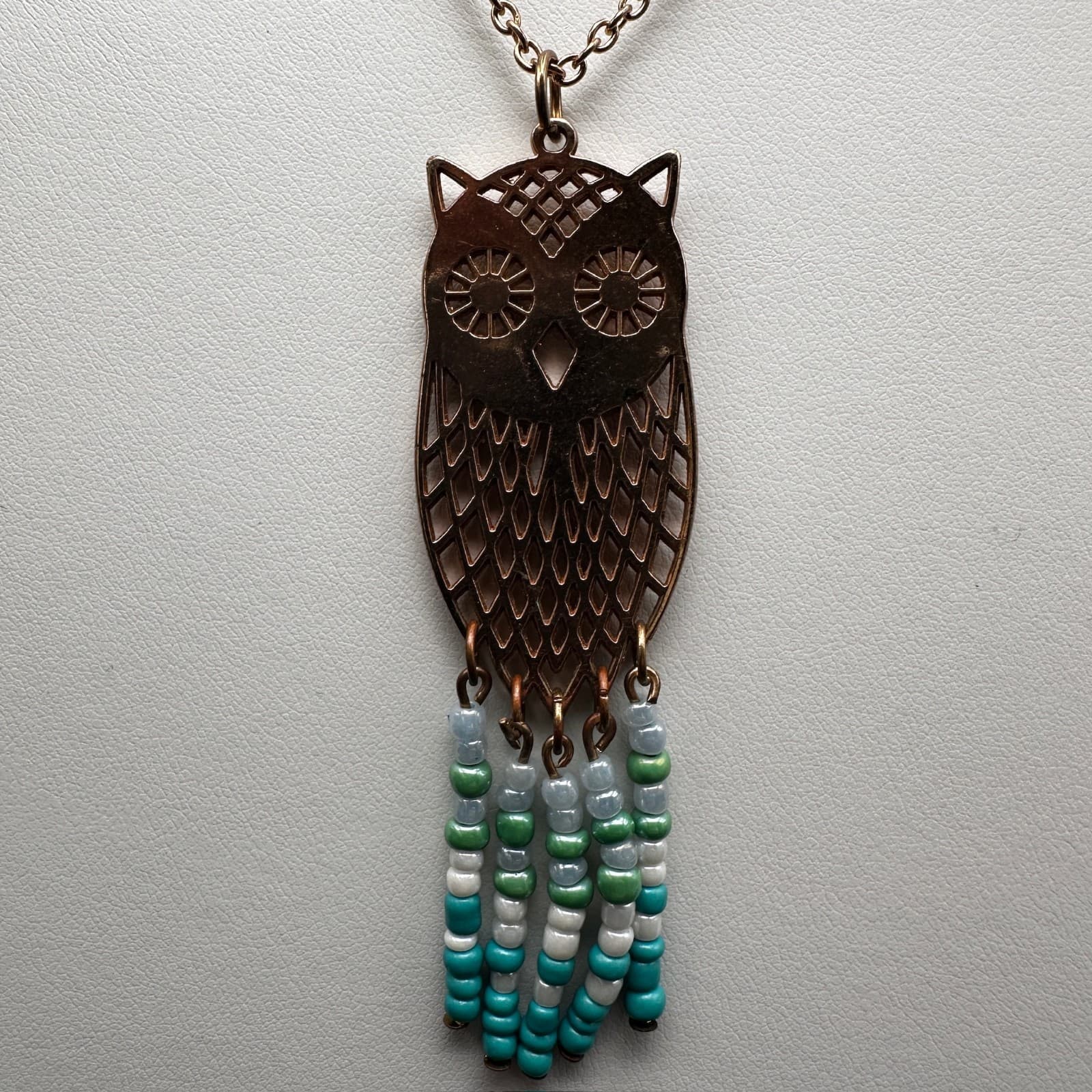 Vintage 90s Owl Pendant Necklace Gold Tone Beaded Tassel Boho Jewelry - Thumbnail 2