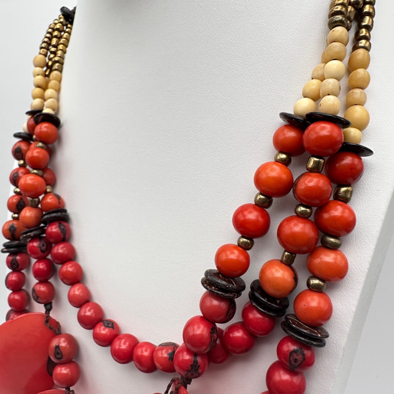 Vintage 90s Red Tagua Nut Bead Statement Necklace Multi Strand Tribal Ethnic - Thumbnail 6