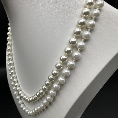 Vintage 90s Pearl Necklace Bracelet Set Bow Crystal Accent Ivory Beads Jewelry - Thumbnail 7