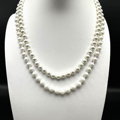 Vintage 90s Pearl Necklace Bracelet Set Bow Crystal Accent Ivory Beads Jewelry - Thumbnail 2