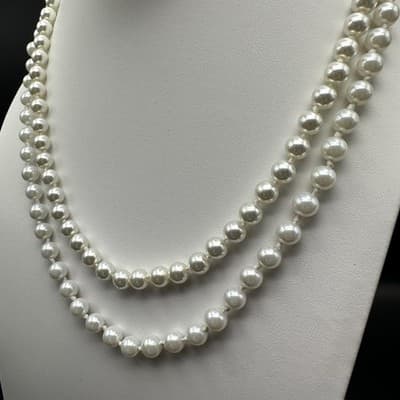 Vintage 90s Pearl Necklace Bracelet Set Bow Crystal Accent Ivory Beads Jewelry - Thumbnail 4