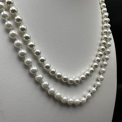 Vintage 90s Pearl Necklace Bracelet Set Bow Crystal Accent Ivory Beads Jewelry - Thumbnail 3