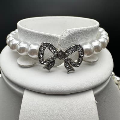 Vintage 90s Pearl Necklace Bracelet Set Bow Crystal Accent Ivory Beads Jewelry - Thumbnail 9