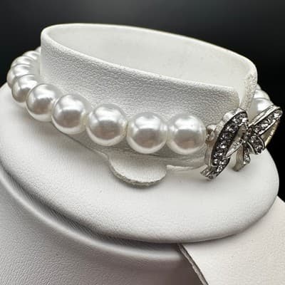 Vintage 90s Pearl Necklace Bracelet Set Bow Crystal Accent Ivory Beads Jewelry - Thumbnail 10