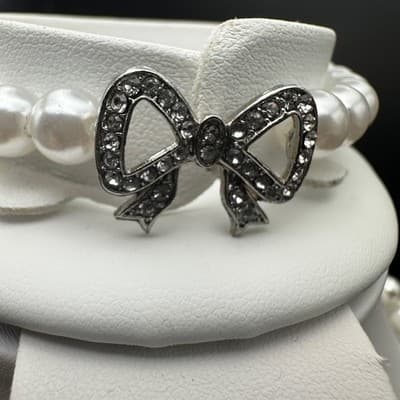 Vintage 90s Pearl Necklace Bracelet Set Bow Crystal Accent Ivory Beads Jewelry - Thumbnail 11