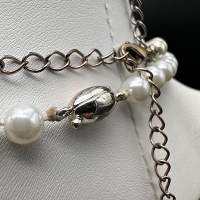 Vintage 90s Pearl Necklace Bracelet Set Bow Crystal Accent Ivory Beads Jewelry - Thumbnail 8