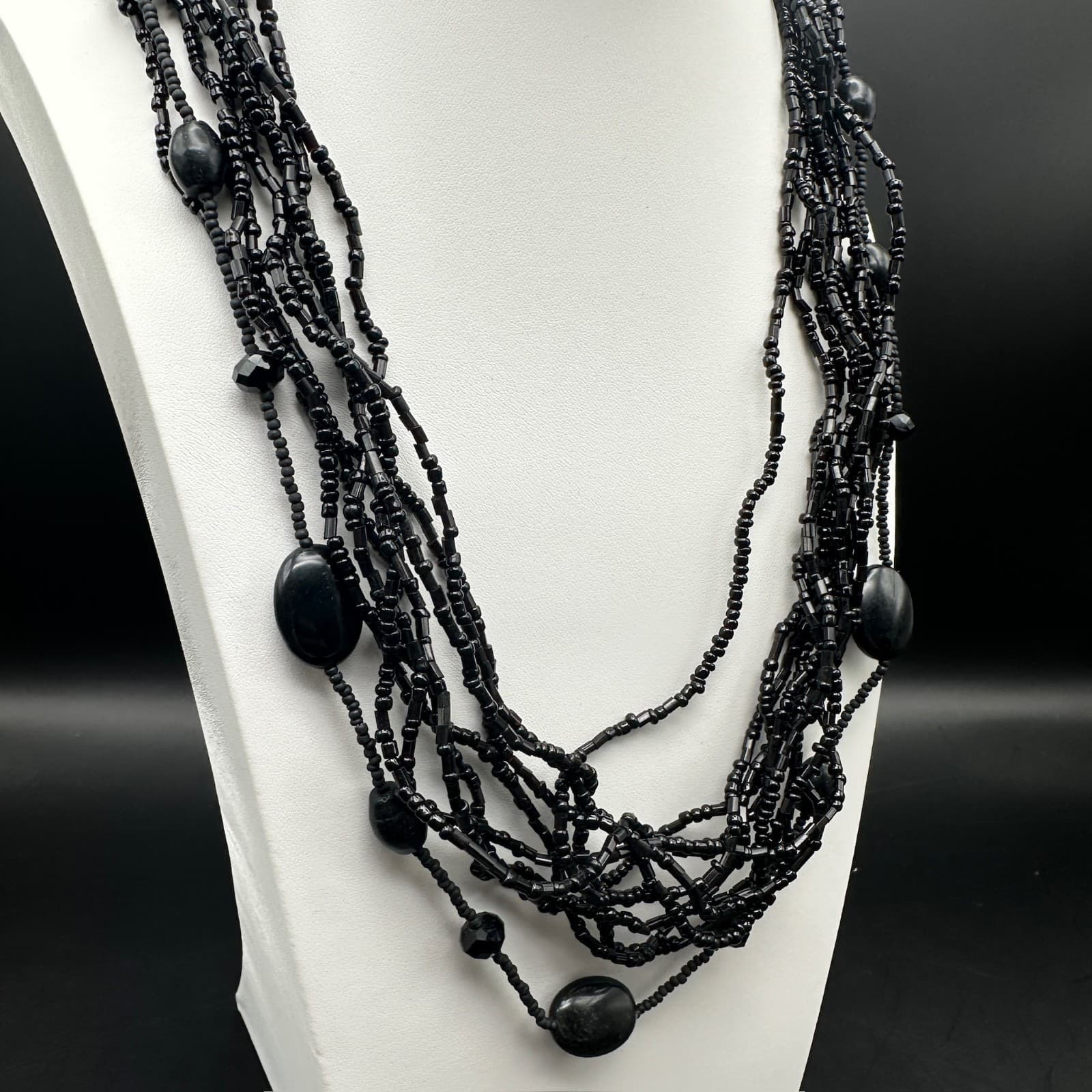 Vintage 80s 90s Black Multi Strand Beaded Necklace Statement Layered Era Jewelry - Thumbnail 2