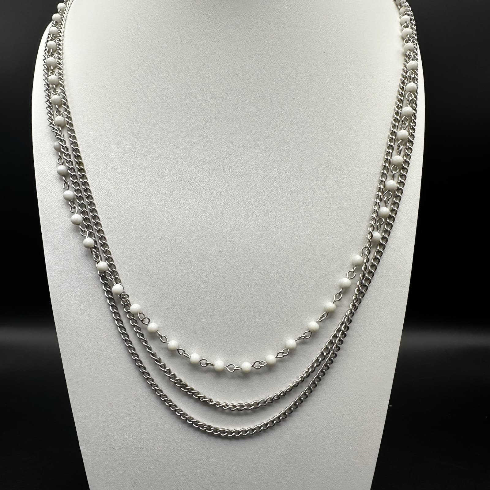 Vintage 90s White Bead Multi Strand Silver Tone Chain Necklace Layered Jewelry - Image 1