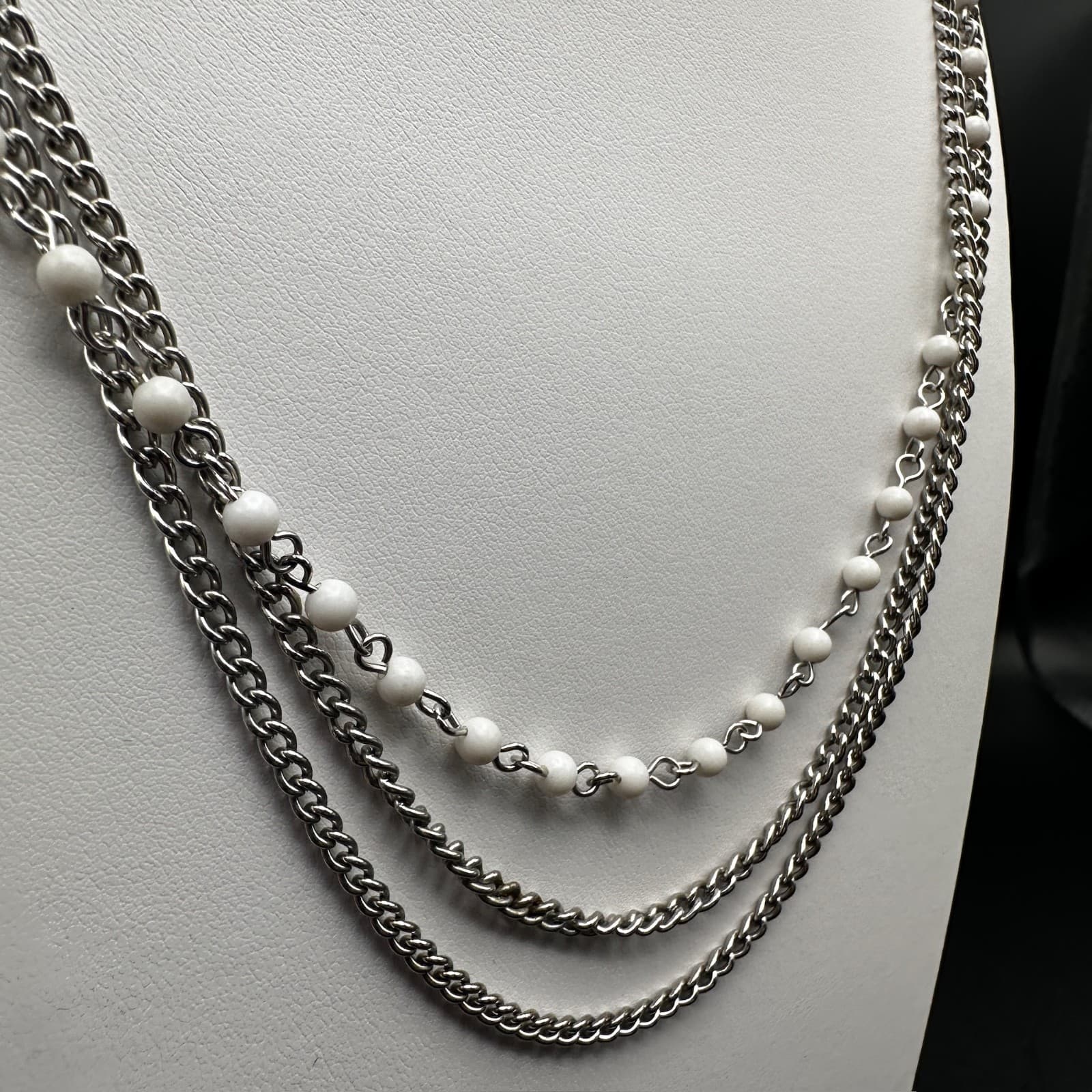 Vintage 90s White Bead Multi Strand Silver Tone Chain Necklace Layered Jewelry - Thumbnail 4