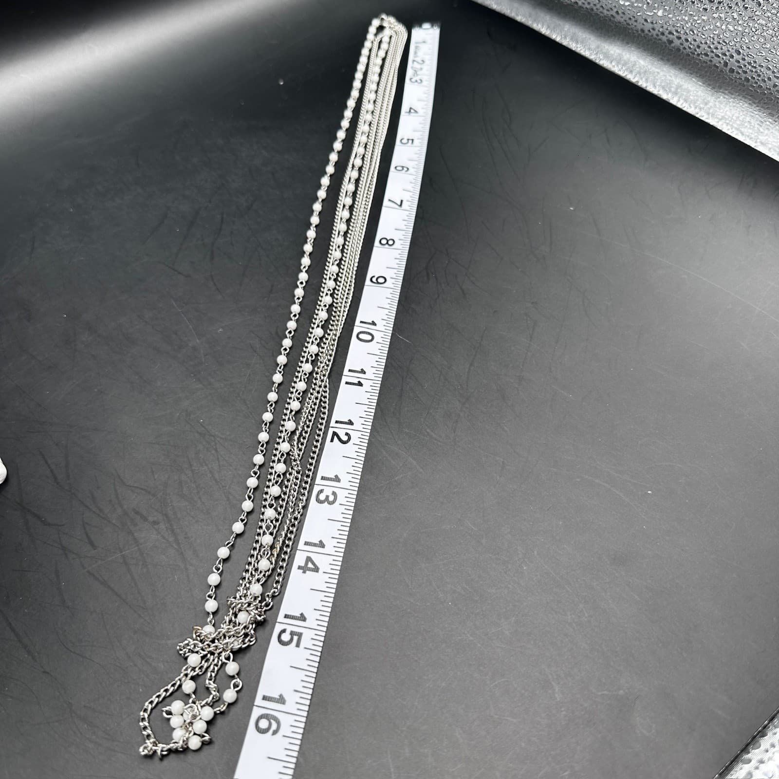 Vintage 90s White Bead Multi Strand Silver Tone Chain Necklace Layered Jewelry - Thumbnail 10