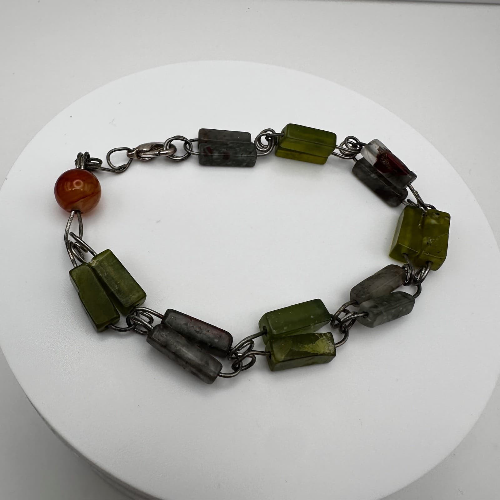 Vintage Mixed Stone Bracelet Serpentine Jade Jasper Carnelian Wire Link Boho Y2K - Thumbnail 4