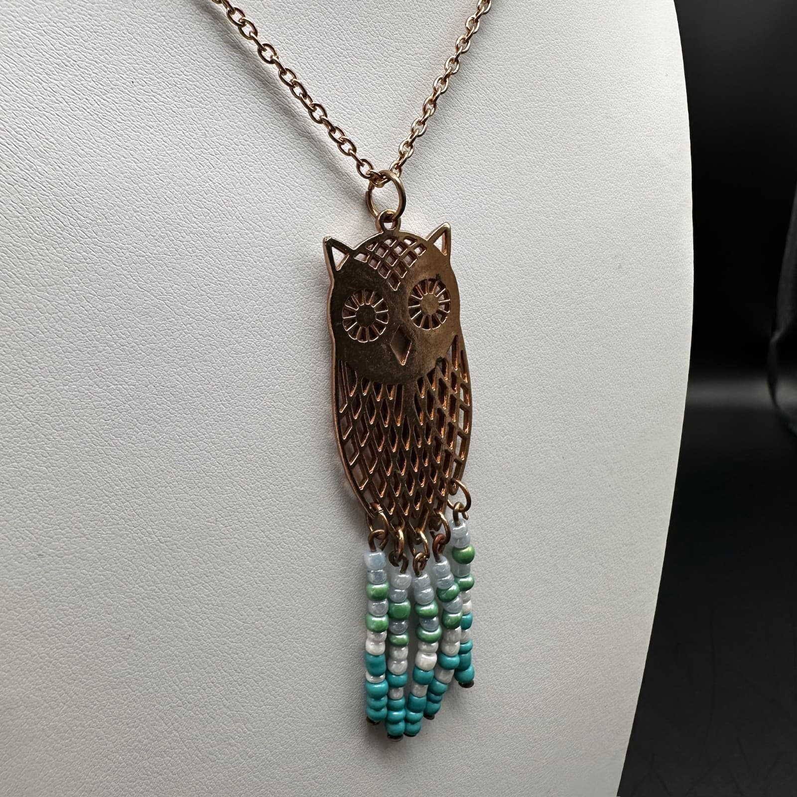 Vintage 90s Owl Pendant Necklace Gold Tone Beaded Tassel Boho Jewelry - Thumbnail 6