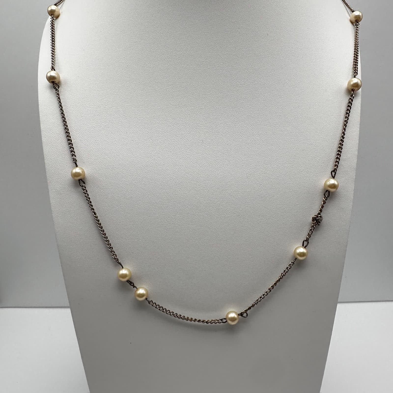 Vintage 80s Gold Tone Faux Pearl Station Tin Cup Necklace Women's Jewelry - Image 1