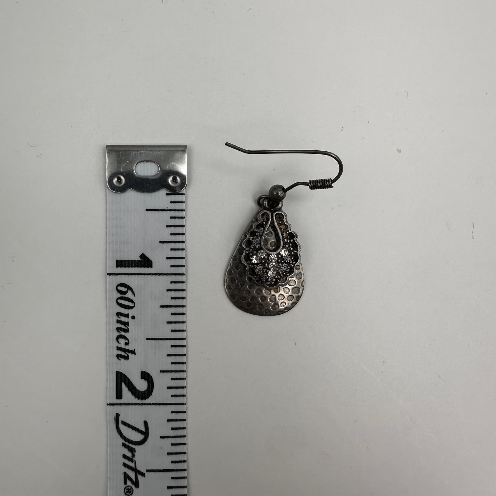Vintage 90s Silver Tone Hammered Teardrop Earrings Rhinestone Dangle Women's - Thumbnail 10