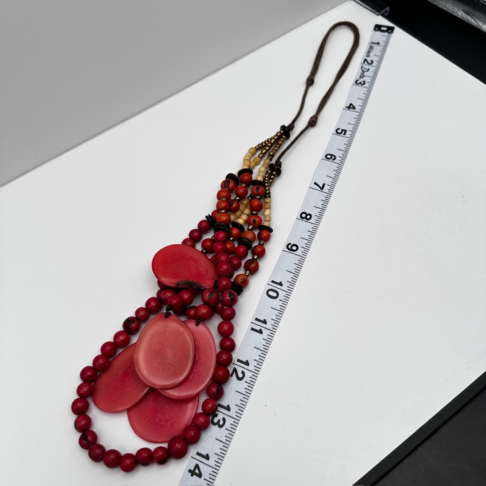Vintage 90s Red Tagua Nut Bead Statement Necklace Multi Strand Tribal Ethnic - Thumbnail 11