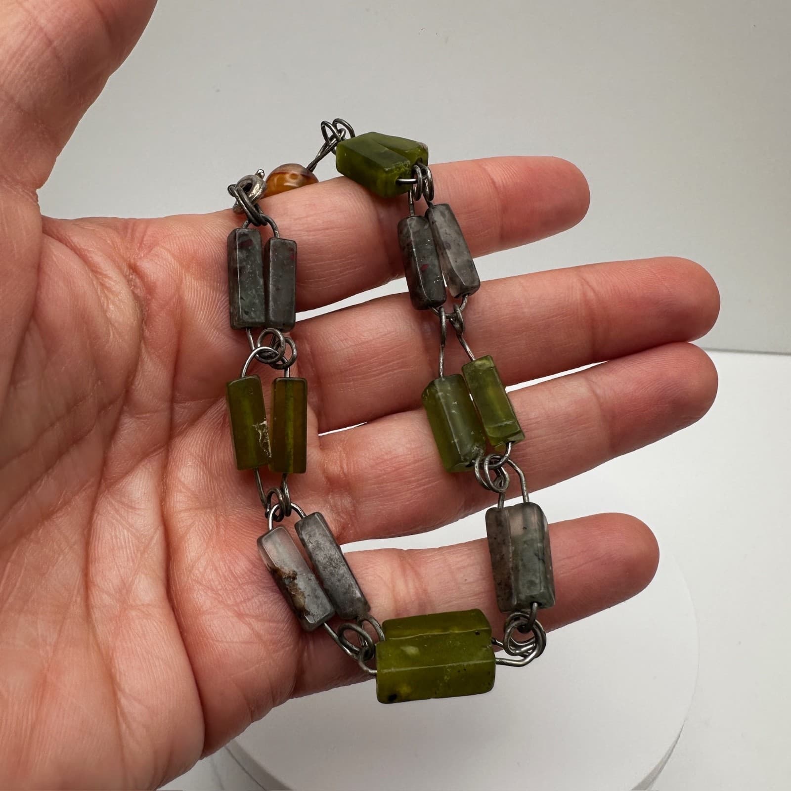 Vintage Mixed Stone Bracelet Serpentine Jade Jasper Carnelian Wire Link Boho Y2K - Thumbnail 7