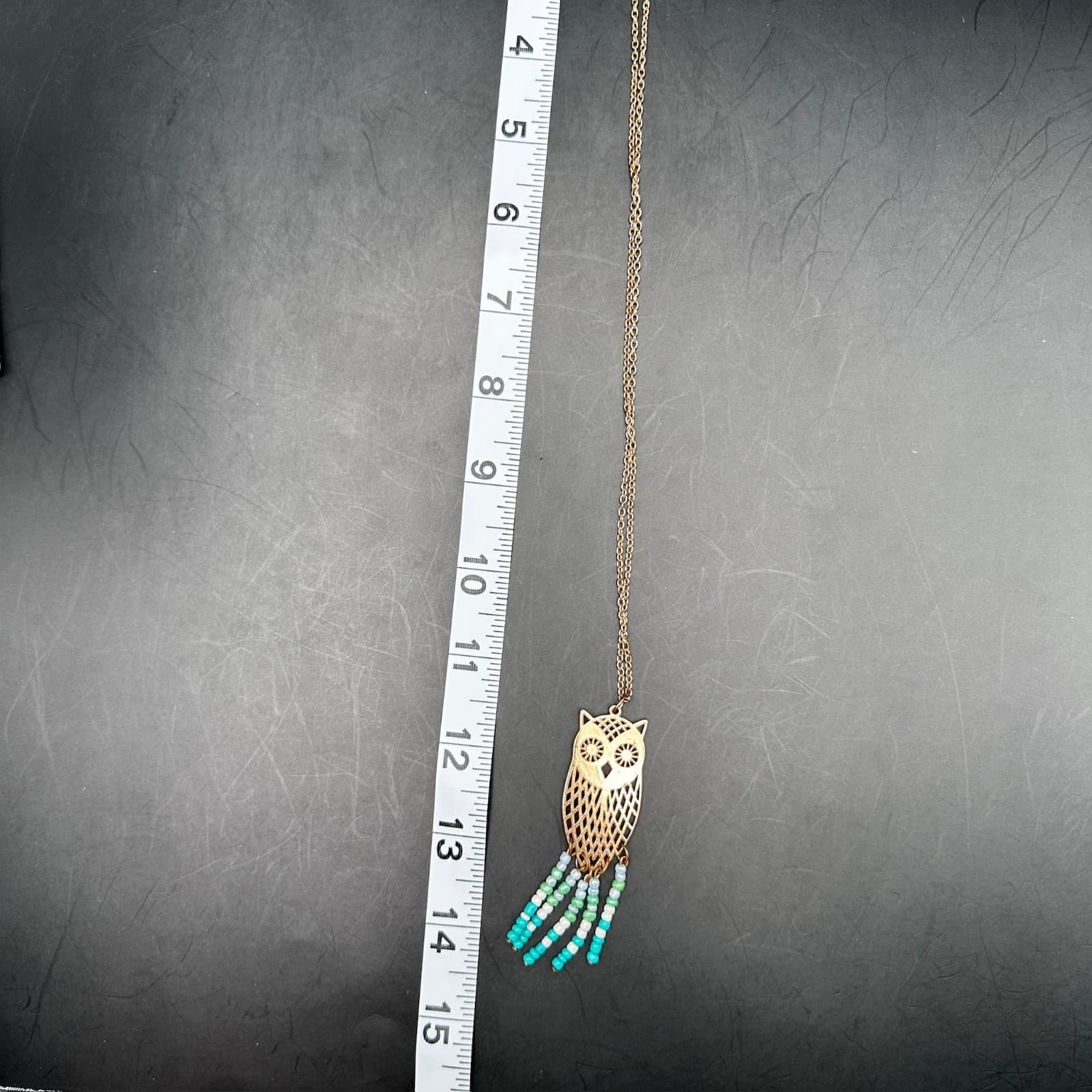 Vintage 90s Owl Pendant Necklace Gold Tone Beaded Tassel Boho Jewelry - Thumbnail 10