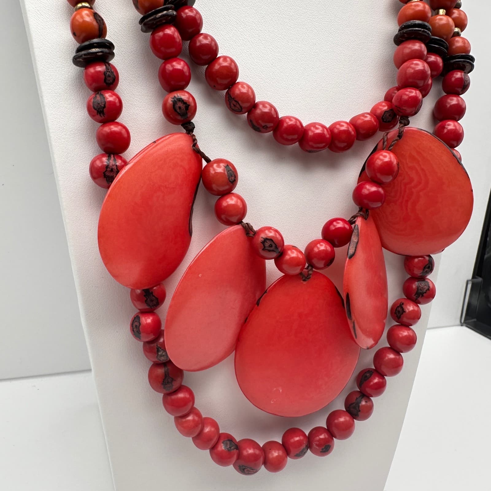 Vintage 90s Red Tagua Nut Bead Statement Necklace Multi Strand Tribal Ethnic - Thumbnail 3