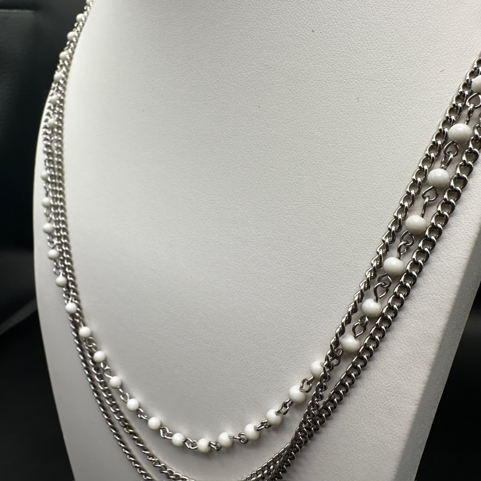 Vintage 90s White Bead Multi Strand Silver Tone Chain Necklace Layered Jewelry - Thumbnail 6