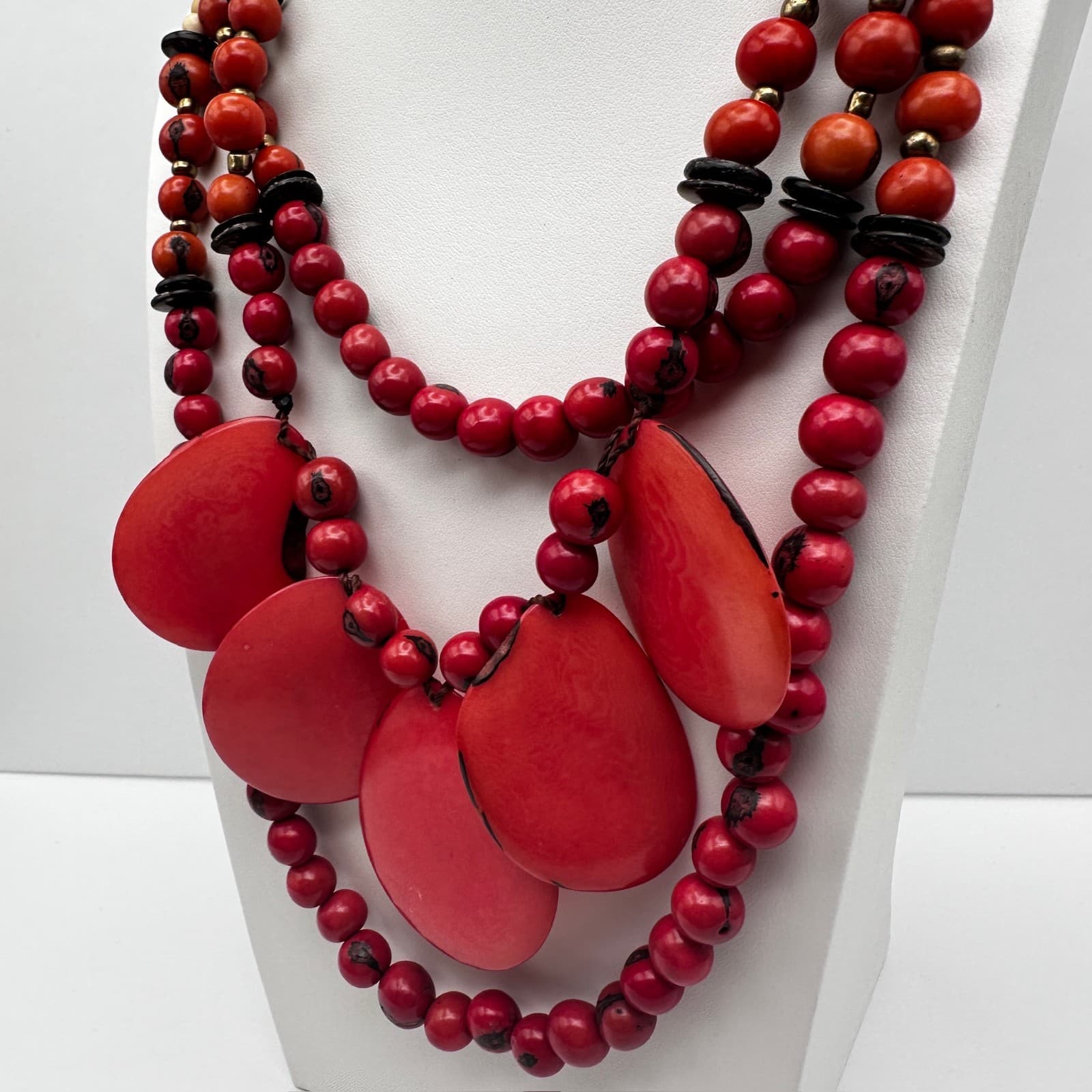 Vintage 90s Red Tagua Nut Bead Statement Necklace Multi Strand Tribal Ethnic - Thumbnail 4