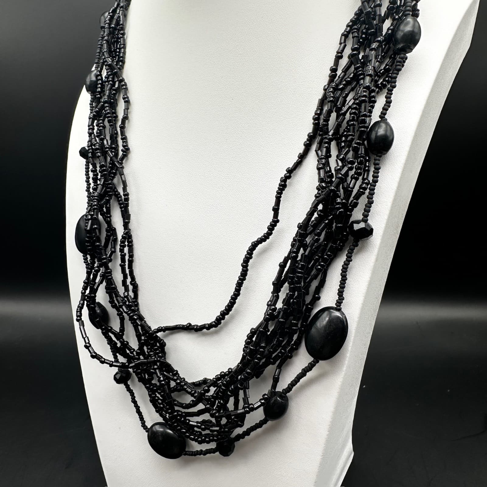 Vintage 80s 90s Black Multi Strand Beaded Necklace Statement Layered Era Jewelry - Thumbnail 3