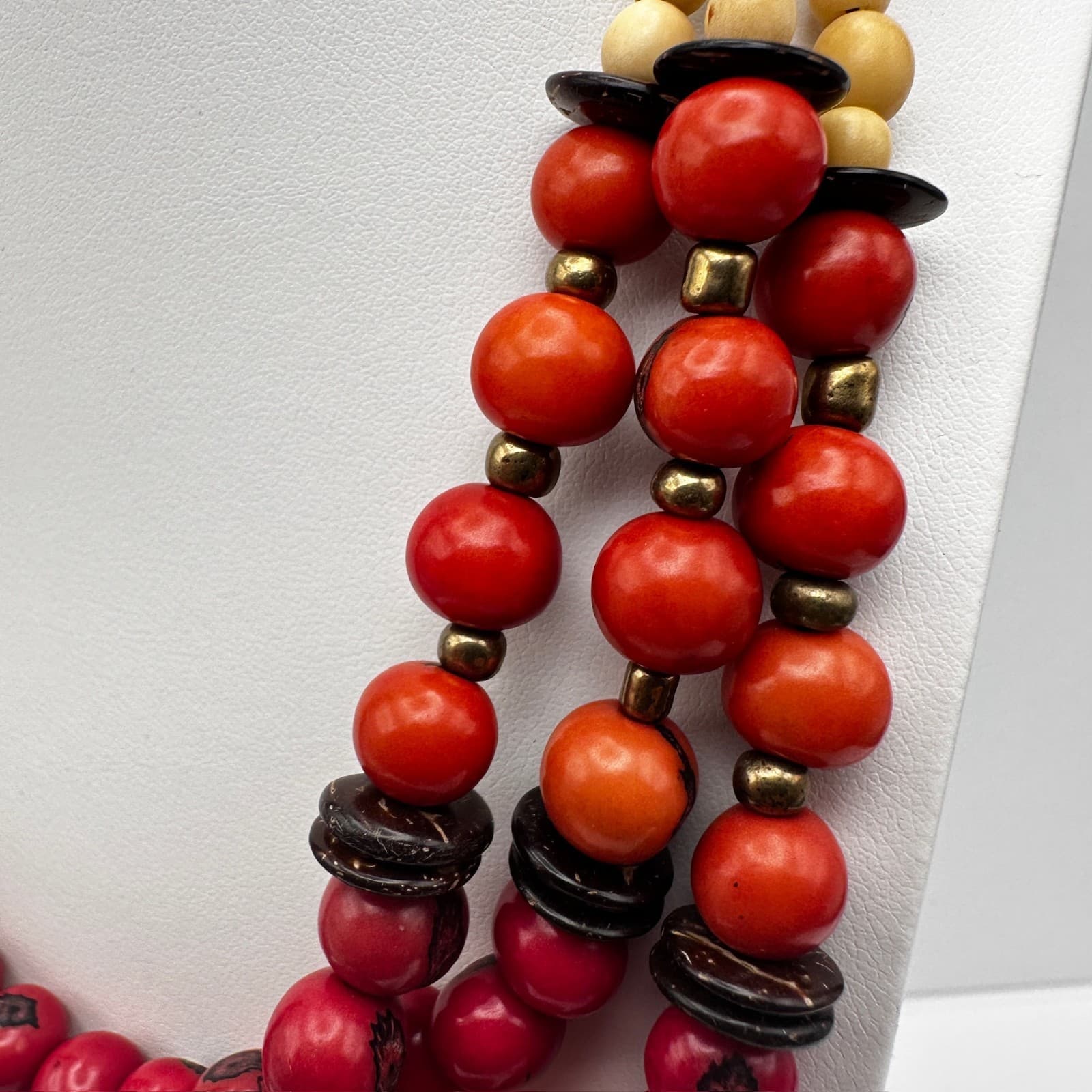 Vintage 90s Red Tagua Nut Bead Statement Necklace Multi Strand Tribal Ethnic - Thumbnail 7