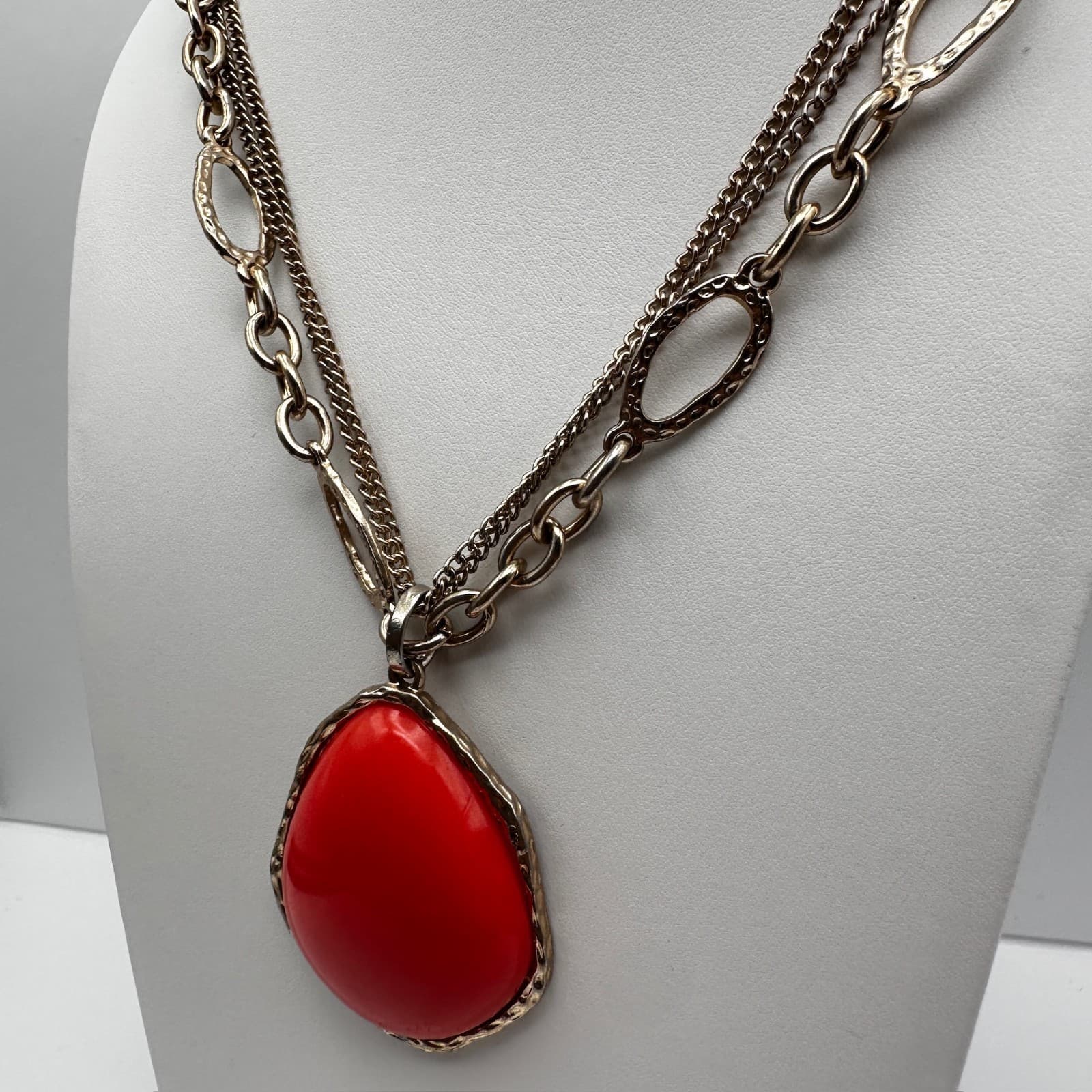 Vintage 90s Silver Tone Multi Strand Red Teardrop Pendant Necklace Boho Jewelry - Thumbnail 5