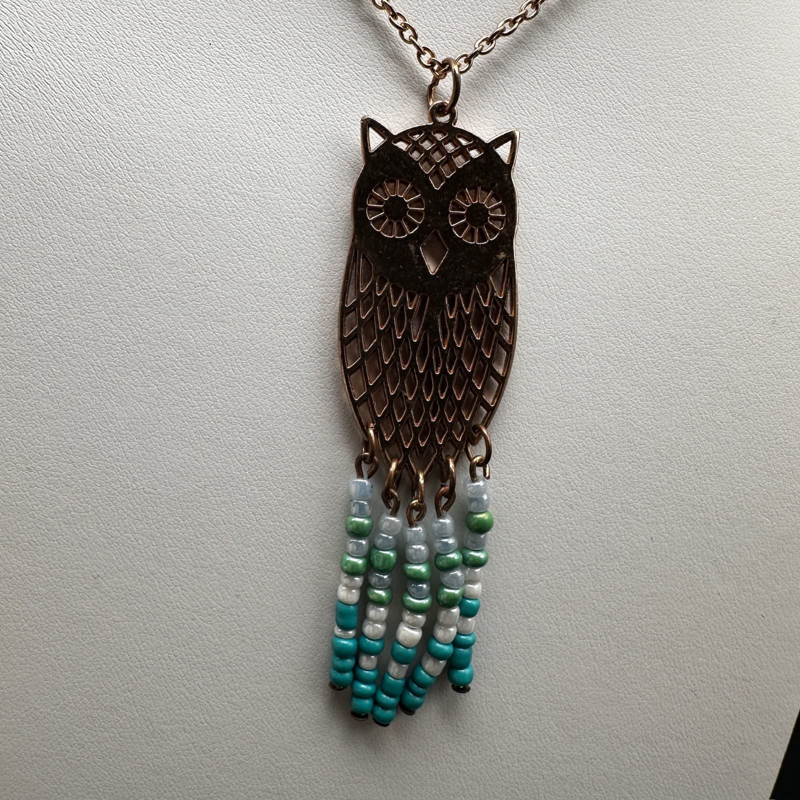 Vintage 90s Owl Pendant Necklace Gold Tone Beaded Tassel Boho Jewelry - Thumbnail 7